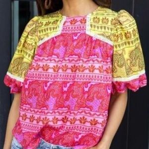 THML Womens Nena Blocked Short Sleeve Top In Multi-Color Pattern Sz Small Preppy